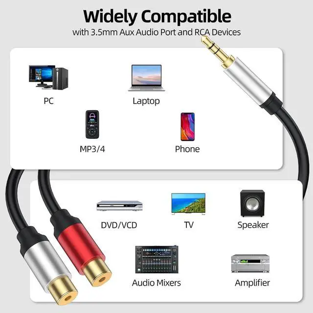 Alt view image 7 of 7 - Aux to 2 RCA Cable 1ft, RCA Female to 3.5mm Male Cable Gold Plated 1/8 Jack Stereo Audio Converter Compatible with Stereo Speaker, HiFi Stereo System, Tablets, MP3