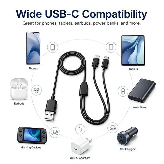 Alt view image 3 of 5 - 3.3 FT 2 in 1 USB-C Splitter Cable - USB A to Type C Charging Cord (Black)
