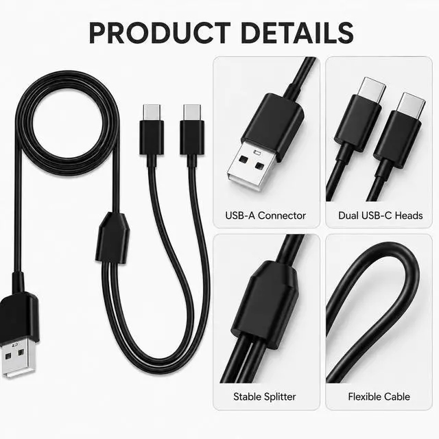 Alt view image 2 of 5 - 3.3 FT 2 in 1 USB-C Splitter Cable - USB A to Type C Charging Cord (Black)