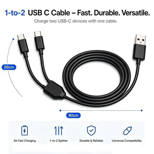 Alt view image 4 of 5 - 3.3 FT 2 in 1 USB-C Splitter Cable - USB A to Type C Charging Cord (Black)