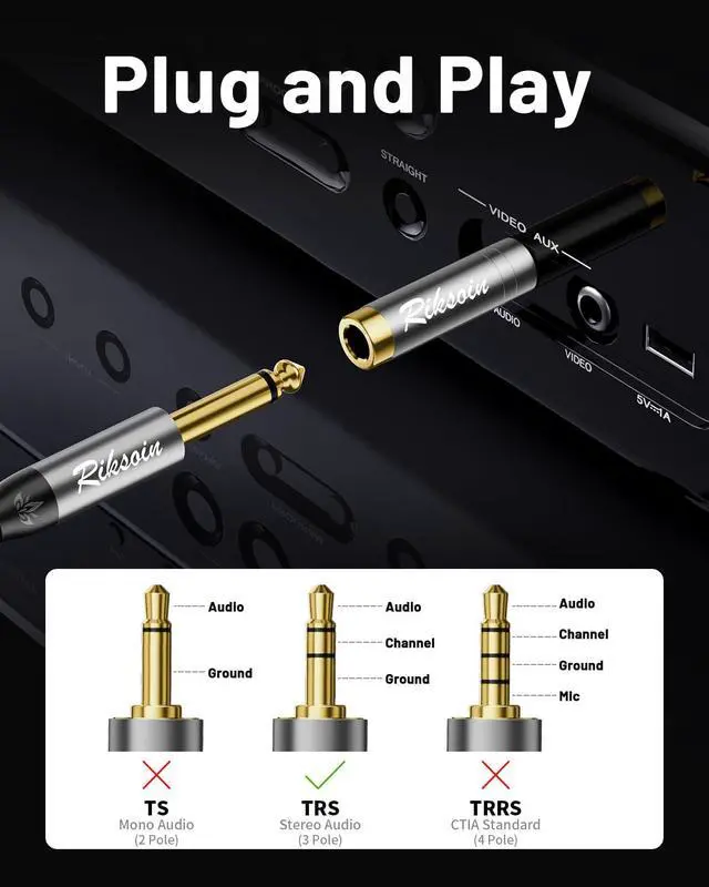 Alt view image 4 of 7 - 1/4'' to 3.5mm Stereo Pure Copper Headphone Adapter,3.5mm(1/8'') Plug Male to 6.35mm (1/4'') Jack Female Stereo Adapte for Headphone, Amp, Adapte,4-Pack