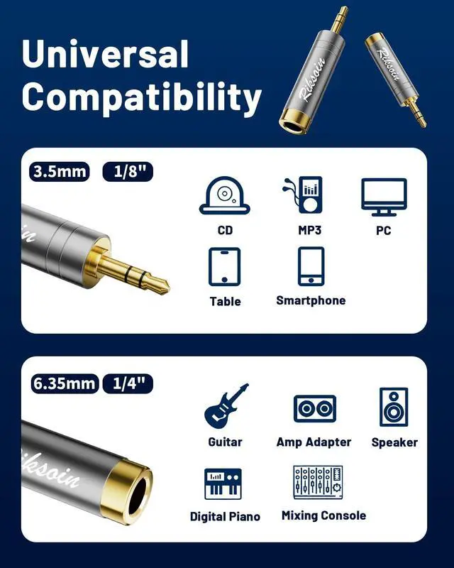 Alt view image 5 of 7 - 1/4'' to 3.5mm Stereo Pure Copper Headphone Adapter,3.5mm(1/8'') Plug Male to 6.35mm (1/4'') Jack Female Stereo Adapte for Headphone, Amp, Adapte,4-Pack