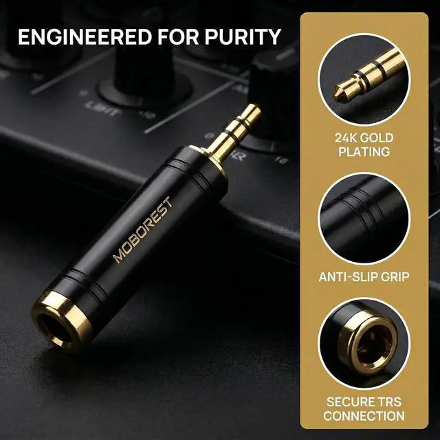 Alt view image 7 of 7 - 3.5mm to 1/4'' Stereo Audio Adapter, 1/8'' (3.5mm) Male Plug to 1/4'' (6.35mm) Jack Female Headphone Adapter, Pure Copper Gold-Plated Connector for Amp, Guitar, Piano, Home Theater - Black