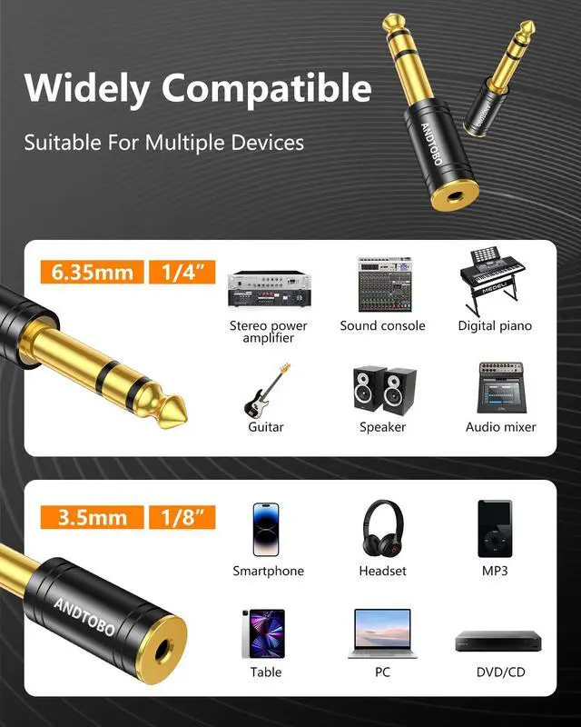 Alt view image 3 of 7 - 1/4''(6.35mm) Male to 1/8'' (3.5mm) Female Stereo Audio Jack Pure Copper Adapter for Headphone, Amp, 1 Pack-Black