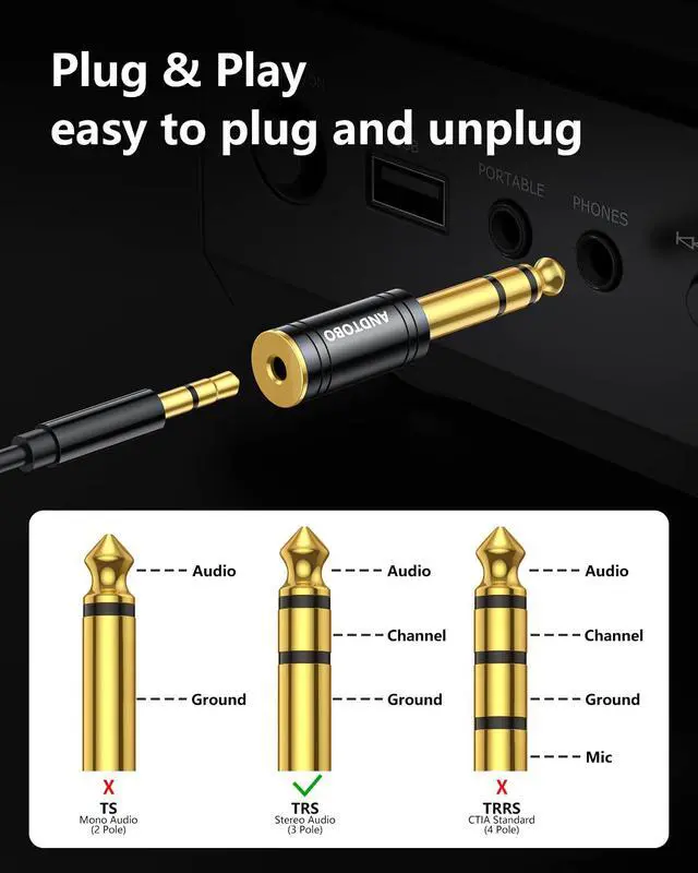 Alt view image 5 of 7 - 1/4''(6.35mm) Male to 1/8'' (3.5mm) Female Stereo Audio Jack Pure Copper Adapter for Headphone, Amp, 1 Pack-Black