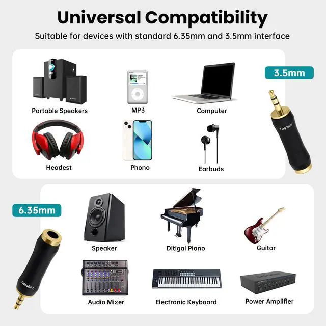 Alt view image 5 of 5 - 1/8 Inch to 1/4 Inch Adapter 2 Pack, 3.5mm TRS Stereo Male to 6.35mm Quarter Inch Female Jack Plug Gold-Plated Pure Copper Audio Converter Connector Premium Quality Series