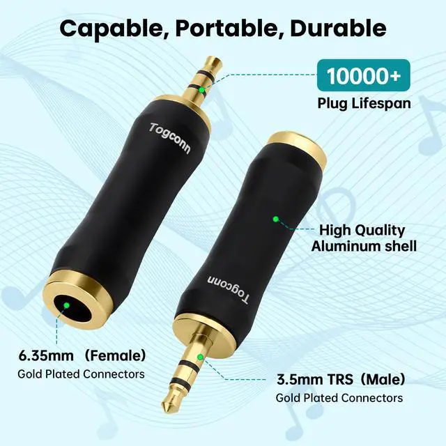 Alt view image 2 of 5 - 1/8 Inch to 1/4 Inch Adapter 2 Pack, 3.5mm TRS Stereo Male to 6.35mm Quarter Inch Female Jack Plug Gold-Plated Pure Copper Audio Converter Connector Premium Quality Series