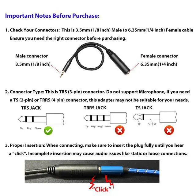 Alt view image 3 of 7 - 1/4 to 3.5mm Headphone Cable Adapter,TRS 6.35mm Female to 3.5mm Male 1/8 to 1/4 Stereo Audio Adapter,for Headphone, Amplifiers, Guitar, Amp etc. Nylon Braided Cable 1ft (30cm)