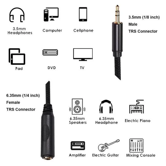 Alt view image 5 of 7 - 1/4 to 3.5mm Headphone Cable Adapter,TRS 6.35mm Female to 3.5mm Male 1/8 to 1/4 Stereo Audio Adapter,for Headphone, Amplifiers, Guitar, Amp etc. Nylon Braided Cable 1ft (30cm)