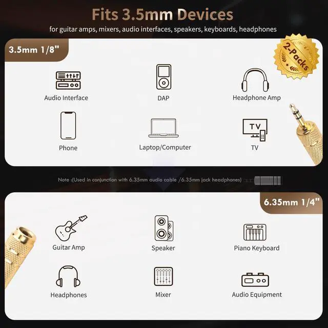 Alt view image 3 of 7 - 3.5mm Male to 6.35mm Female Stereo Headphone Adapter, 1/8 to 1/4 Audio Jack Converter for Headphones, Guitar Amp, Speaker, Mixer, 2 Pack
