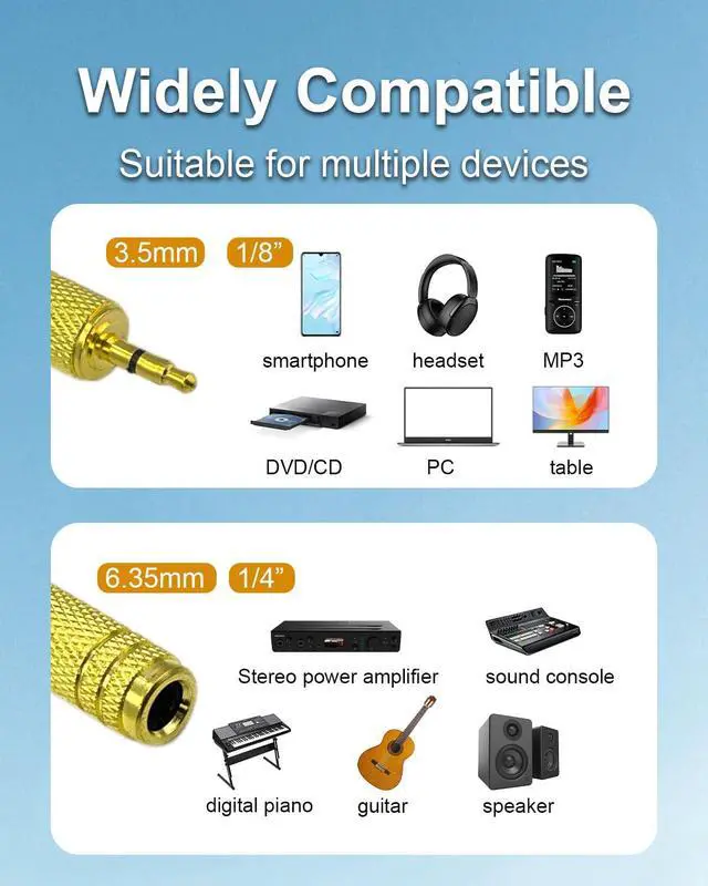 Alt view image 3 of 7 - 3.5mm to 1/4'' Gold-Plated Pure Copper Adapter Connector, 1/4 Female to 1/8 Mono Male Jack Audio Adapter Stereo Connector for Headphone for Amp Adapter, Gold, 4pcs