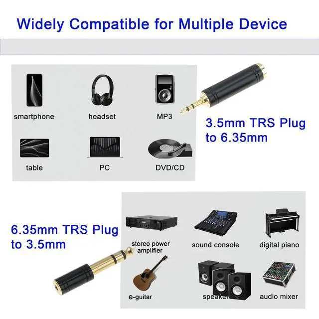 Alt view image 4 of 7 - 3.5mm Male to 6.35mm Female Stereo Pure Copper Adapter, 1/8 Male to 1/4 Jack Female Converter for Headphones, Electronic Drums, Pianos & Guitars, Stylish Black 4-Pack