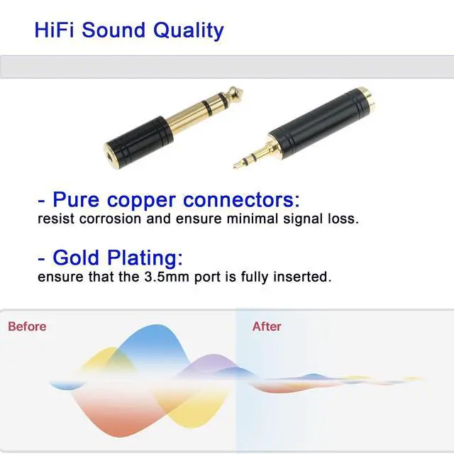 Alt view image 6 of 7 - 3.5mm Male to 6.35mm Female Stereo Pure Copper Adapter, 1/8 Male to 1/4 Jack Female Converter for Headphones, Electronic Drums, Pianos & Guitars, Stylish Black 4-Pack