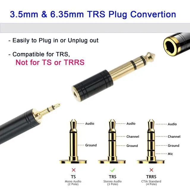 Alt view image 5 of 7 - 3.5mm Male to 6.35mm Female Stereo Pure Copper Adapter, 1/8 Male to 1/4 Jack Female Converter for Headphones, Electronic Drums, Pianos & Guitars, Stylish Black 4-Pack