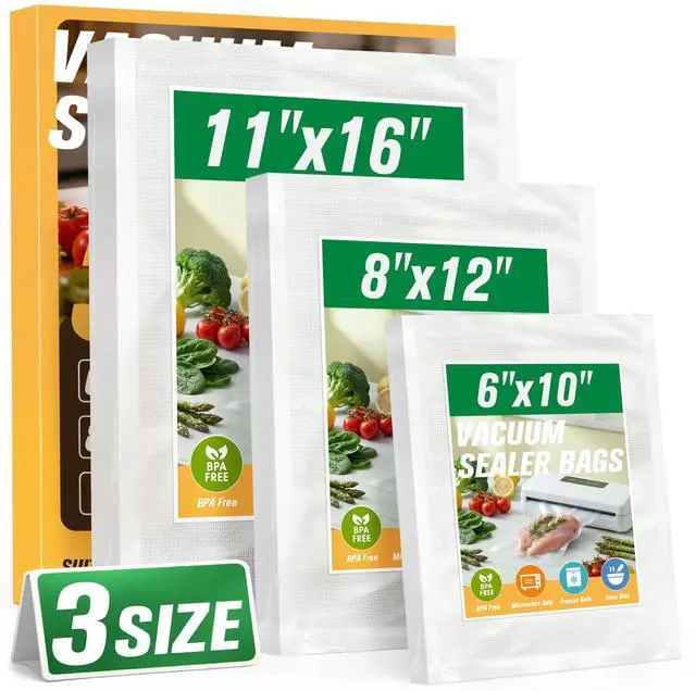 Main image of 100 PCS Precut Vacuum Sealer Bags for Food 11"x16"/8"x12"/6"x10" | Mixed Gallon, Quart and Pint, BPA Free Airtight Freezer Bags for Food Storage, Meal Prep, Sous Vide and Bulk Freezing