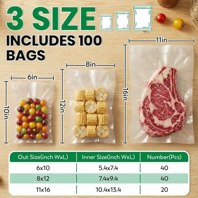 Alt view image 7 of 7 - 100 PCS Precut Vacuum Sealer Bags for Food 11"x16"/8"x12"/6"x10" | Mixed Gallon, Quart and Pint, BPA Free Airtight Freezer Bags for Food Storage, Meal Prep, Sous Vide and Bulk Freezing