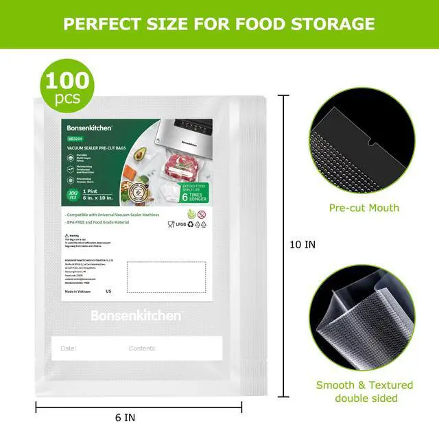 Alt view image 2 of 7 - Precut Vacuum Food Sealer Bags 100 Pint 6" x 10", BPA Free, Commercial Grade Textured Food Vacuum Sealer Bag, Thick Embossed Bags for Food Storage and Sous Vide Cooking VB3204