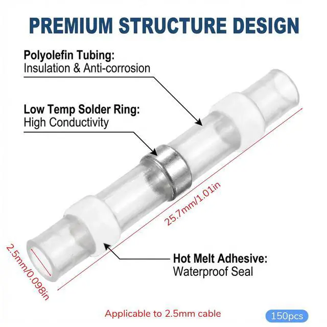 Alt view image 2 of 7 - 150 Pcs Waterproof Solder Seal Wire Connectors AWG 26-24, Heat Shrink Butt Connectors White Terminals Solder Sleeve Wire Splice Connector Insulated Electrical Splice for Marine Car Electrical Engineer