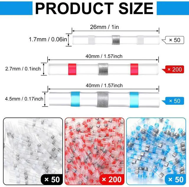 Alt view image 2 of 6 - 300 Pcs Butt Splice Red Blue White, 22-18, 16-14, 26-24 Awg Solder Seal Wire Connectors Heat Shrink Waterproof Insulated Electrical Wire Terminal Automotive Marine Electrical Boat Trailer