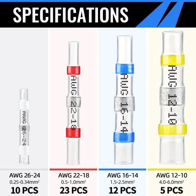 Alt view image 2 of 6 - 50pcs Solder Seal Wire Connector, Sopoby Solder Seal Heat Shrink Butt Connectors Terminals Electrical Waterproof Insulated Marine Automotive Copper(23Red 12Blue 10White 5Yellow)