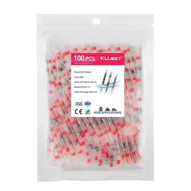 Main image of 100PCS Solder Seal Wire Connectors AWG 22-18, Red Solder Seal Heat Shrink Butt Connectors Terminals Solders Sleeve Waterproof Wire Splice Connector for Marine Automotive Boat Wire Joint