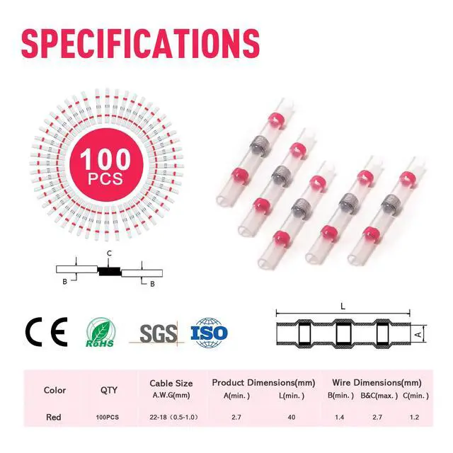 Alt view image 2 of 7 - 100PCS Solder Seal Wire Connectors AWG 22-18, Red Solder Seal Heat Shrink Butt Connectors Terminals Solders Sleeve Waterproof Wire Splice Connector for Marine Automotive Boat Wire Joint
