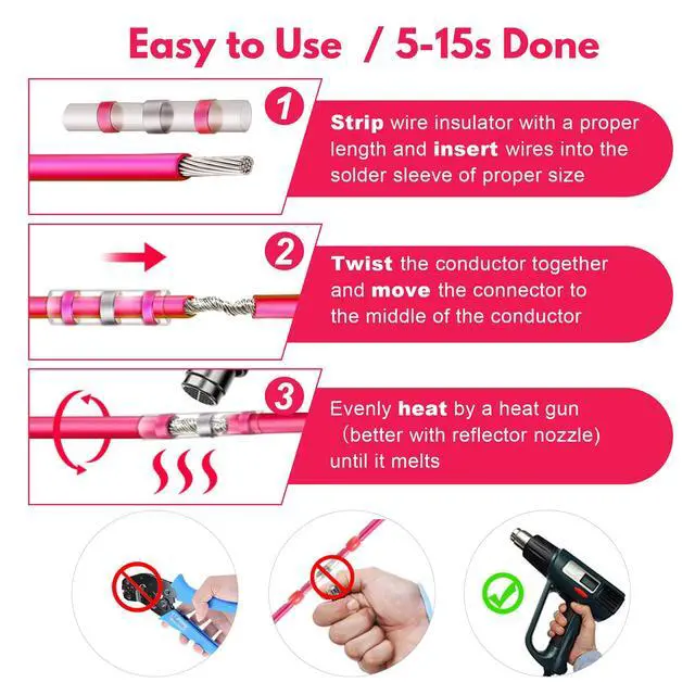 Alt view image 6 of 7 - 100PCS Solder Seal Wire Connectors AWG 22-18, Red Solder Seal Heat Shrink Butt Connectors Terminals Solders Sleeve Waterproof Wire Splice Connector for Marine Automotive Boat Wire Joint