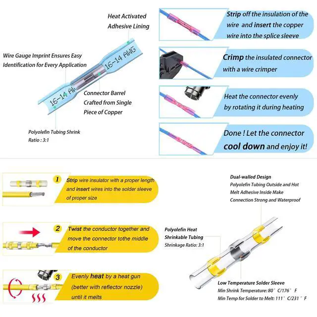 Alt view image 5 of 7 - 200 Pcs Heat-Shrink Butt Wire Connector Kit, Insulated Waterproof Electrical Wire Crimp Terminals and Butt Splices for Automotive Repair and Marine Applications