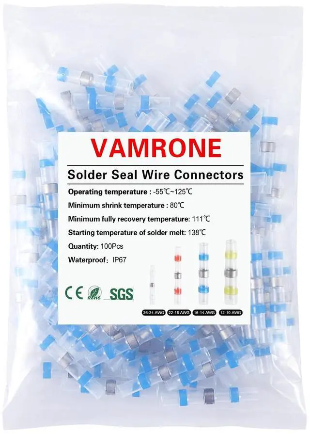Main image of 100PCS Blue Waterproof Solder Seal Wire Connectors 16-14 AWG, Heat Shrink Butt Connectors Terminals Solder Sleeve Wire Splice Connector for Marine Boat Wire Joint