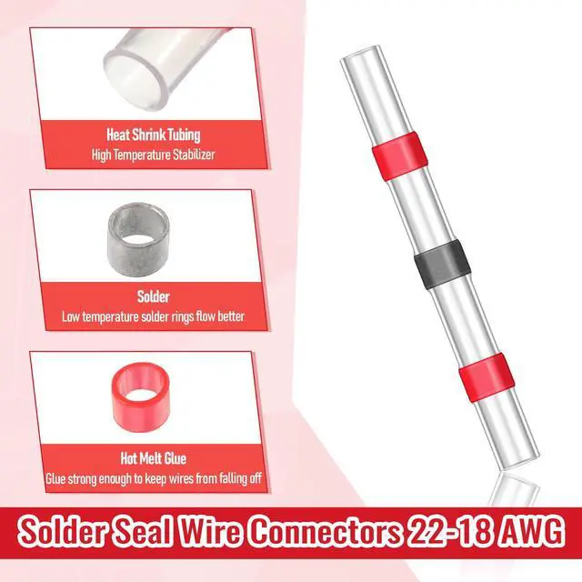 Alt view image 3 of 7 - 200PCS Solder Seal Wire Connectors - 22-18 AWG Red Heat Shrink Butt Connectors - Waterproof Electrical Wire Splice Terminals for Automotive Marine Boat & DIY Wiring