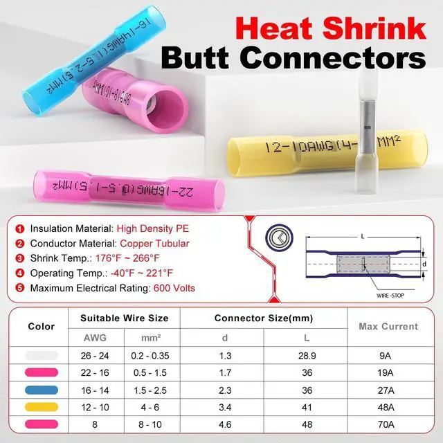 Alt view image 2 of 7 - Heat Shrink Butt Connectors 22-16 AWG, 100 Pcs Waterproof Electrical Crimp Splice Terminal for Auto Repair, Insulated Marine Grade Connector for 22,20,18,16 Gauge,Wire Crimps Terminals, Red