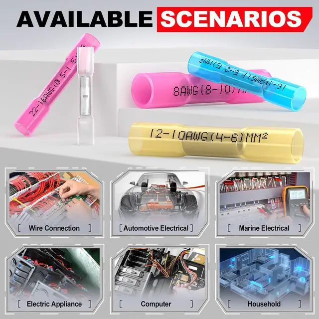 Alt view image 7 of 7 - Heat Shrink Butt Connectors 22-16 AWG, 100 Pcs Waterproof Electrical Crimp Splice Terminal for Auto Repair, Insulated Marine Grade Connector for 22,20,18,16 Gauge,Wire Crimps Terminals, Red