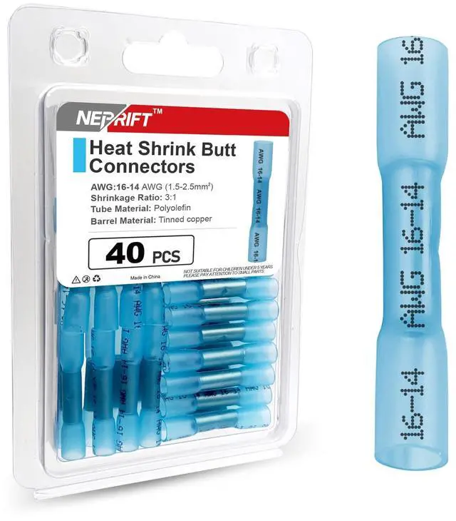 Main image of 40PCS 16-14 AWG Heat Shrink Butt Connectors, Blue Butt Connectors, Waterproof Crimp Wire Splices, Insulated Electrical Terminals for Auto Marine Wiring