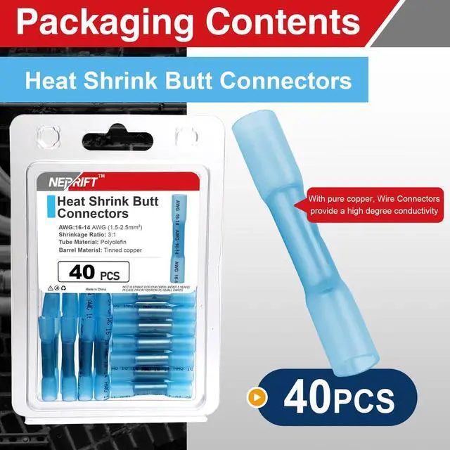 Alt view image 3 of 7 - 40PCS 16-14 AWG Heat Shrink Butt Connectors, Blue Butt Connectors, Waterproof Crimp Wire Splices, Insulated Electrical Terminals for Auto Marine Wiring