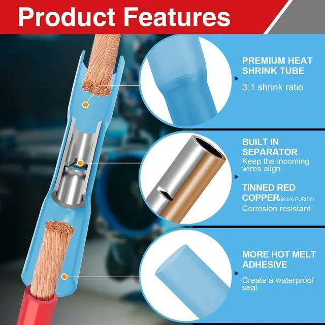 Alt view image 4 of 7 - 40PCS 16-14 AWG Heat Shrink Butt Connectors, Blue Butt Connectors, Waterproof Crimp Wire Splices, Insulated Electrical Terminals for Auto Marine Wiring