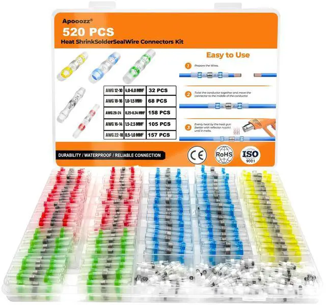 Main image of 520PCS Solder Seal Wire Connectors - Waterproof Heat Shrink Butt Connectors - Insulated Electrical Marine Grade Wire Terminals - Automotive, Boat, Truck, Stereo Splice Kit (26-10 AWG, 5 Sizes/Colors)