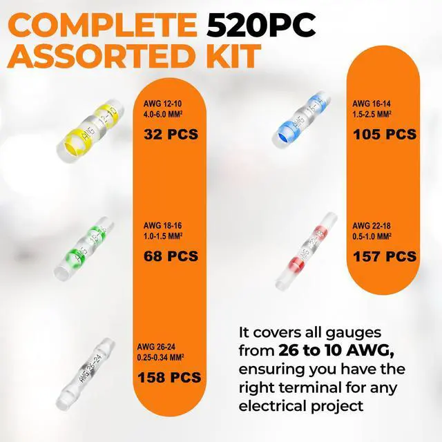 Alt view image 2 of 7 - 520PCS Solder Seal Wire Connectors - Waterproof Heat Shrink Butt Connectors - Insulated Electrical Marine Grade Wire Terminals - Automotive, Boat, Truck, Stereo Splice Kit (26-10 AWG, 5 Sizes/Colors)