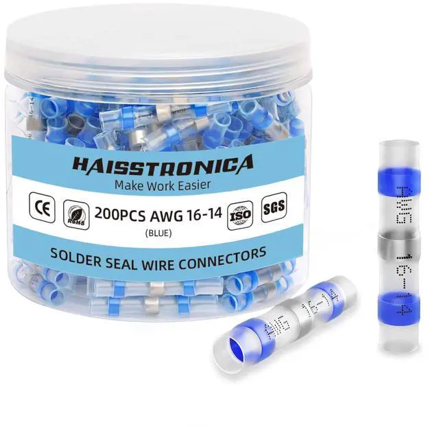 Main image of 200PCS Solder Seal Wire Connectors,Waterproof Heat Shrink Butt Connectors Terminals for Watercraft,Electrical,Electronics AWG 16-14 Blue