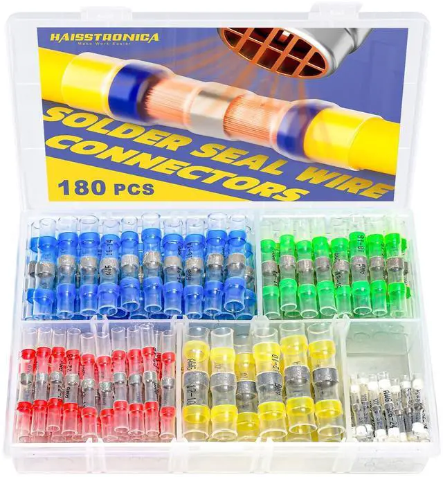 Main image of 180PCS Solder Seal Wire Connectors-Heat Shrink Solder Wire Connectors-Waterproof Butt Connectors - Insulated Electrical Connectors Butt Splice(5Colors/5Size)