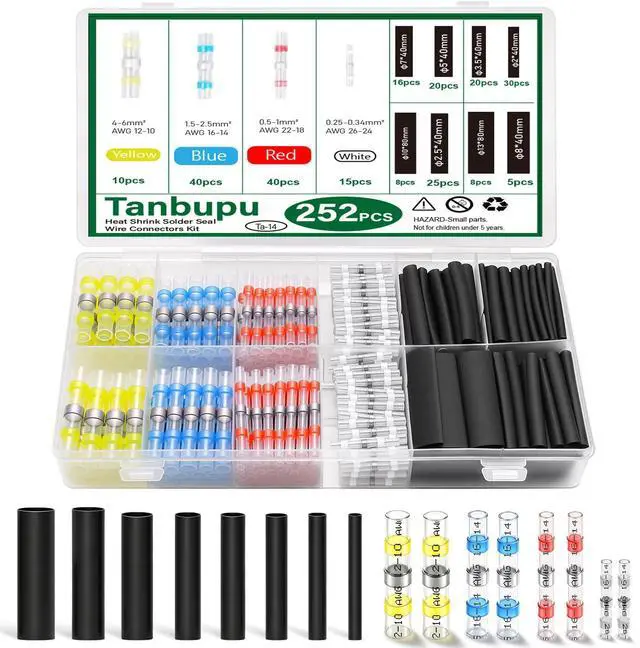Main image of 252PCS Heat Shrink Solder Seal Wire Connectors Kit -120 Waterproof Butt Connectors &132 3:1 Heat Shrink Tubing, Marine-Grade Insulated Electrical Wire Terminals for Automotive, Boat, Truck