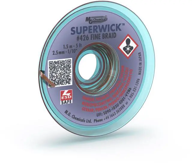Main image of 426 Desoldering Braid #4 Fine Braid Super Wick with RMA Flux, 5' Length x 0.1" Width, Blue