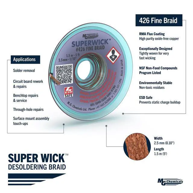 Alt view image 3 of 4 - 426 Desoldering Braid #4 Fine Braid Super Wick with RMA Flux, 5' Length x 0.1" Width, Blue