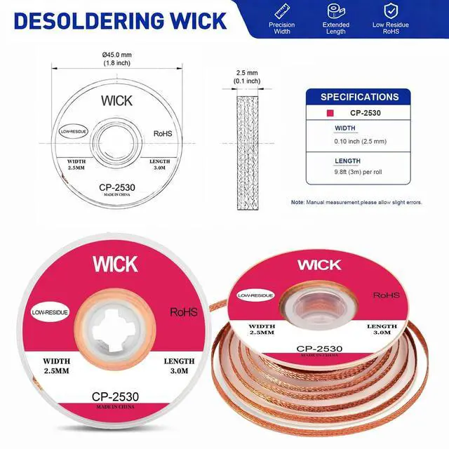 Alt view image 2 of 7 - 2 Pack 9.8ft Solder Wick Braid 0.1in, Copper Desoldering Wick for Solder Removal, PCB Repair and Circuit Board Rework
