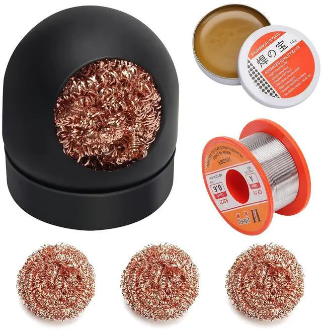 Main image of Solder Tip Cleaner+ Soldering Rosin Flux Paste(0.35 oz / 10 g)+ 60/40 Tin Lead Rosin Core Solder Wire(1.76 oz / 50 g) + 3pcs Replacement Brass Pads, 6 PCS Solder Iron Welding Tool Set