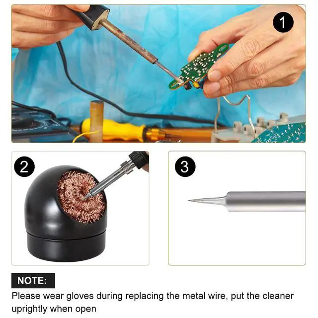 Alt view image 7 of 7 - Welding Soldering Iron Tip Cleaner Kit, Solder Tip with Cleaning Brass wire sponge, W/Stand Set Holder Black with 3 PCS Solder Tip Cleaning Wire and 1 PC Holder, Solder Wick 2.5mm, 59 inches