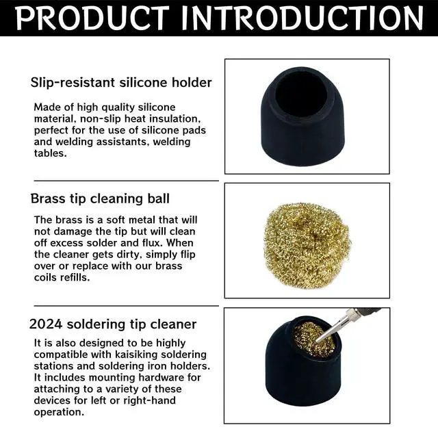 Alt view image 3 of 6 - Soldering Iron Tip Cleaner 3Pcs Soft Coiled Brass Tip Cleaner with Silicone Holder Non-slip Solder Tip Cleaners, No Water Needed, Black