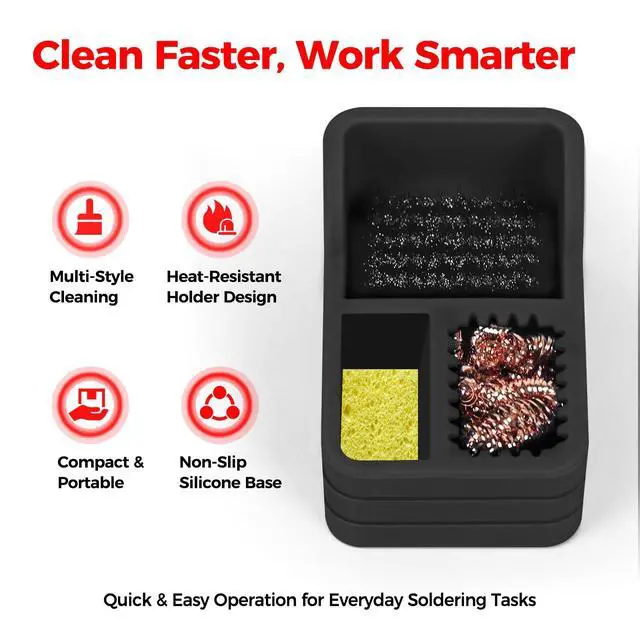 Alt view image 2 of 7 - Soldering Iron Tip Cleaner Kit with Brass Wool, Sponge & Steel Brush in Black Silicone Holder Heat & Scratch Resistant Cleaning Tool for Soldering, Electronics Repair & DIY Projectst