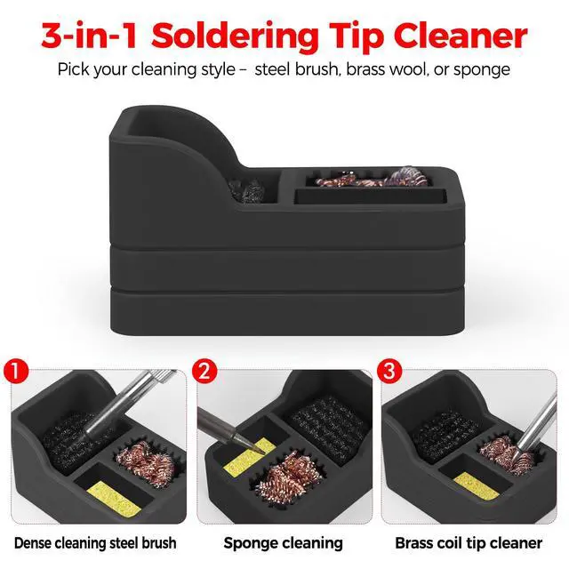 Alt view image 5 of 7 - Soldering Iron Tip Cleaner Kit with Brass Wool, Sponge & Steel Brush in Black Silicone Holder Heat & Scratch Resistant Cleaning Tool for Soldering, Electronics Repair & DIY Projectst