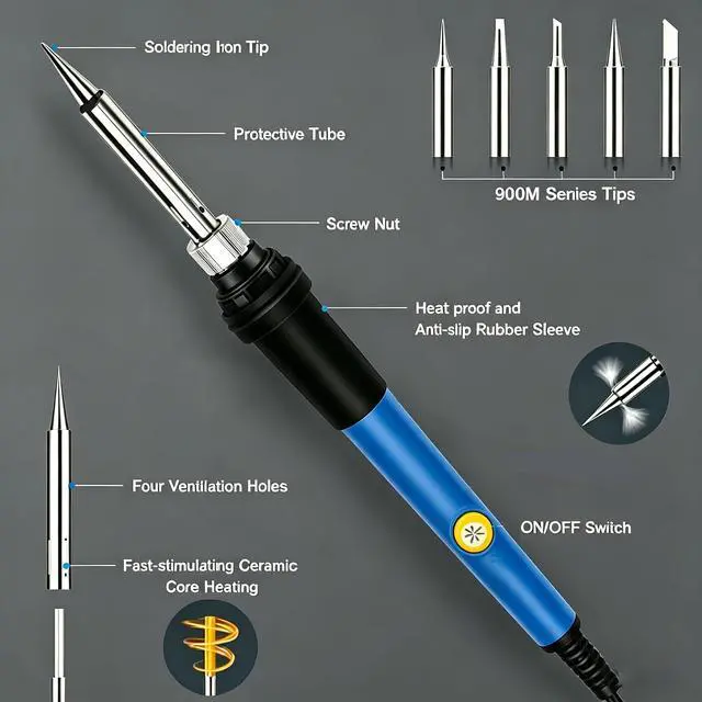 Alt view image 4 of 6 - 60W Soldering Iron Kit, 110V Soldering Iron with 5pc Interchangeable Tips and Solder Wire,Fast Heating,Adjustable Temperature Solder Welding Tools,Solder Wire for Variously Electronic Repair