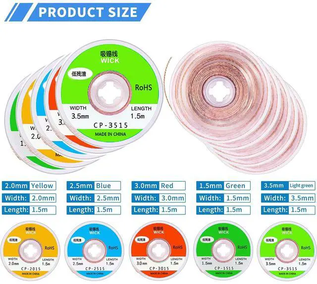 Alt view image 3 of 7 - Solder Wick10 Pack No-Clean Soldering Wick Braid Desoldering Wick Braid With Flux1.5mm/2mm/2.5mm/3mm/3.5mm Width 5Ft/1.5mm Length)